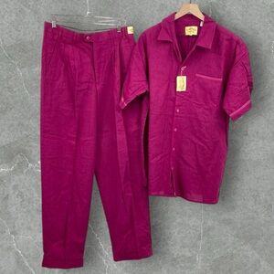 The Linen Collection by Henri Valdise Shirt Pants Set Mens Large 34 X 34 Fushsia